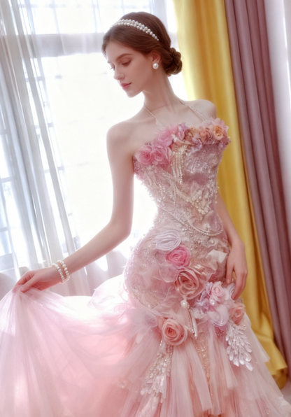 Fairy Halter Mermaid Tulle Applique Long Prom Dresses, Pink Formal Evening Dresses ED04209