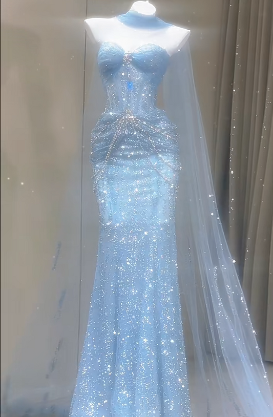 Sweetheart Mermaid Tulle Long Prom Dresses, Blue Formal Evening Dresses HZ1024