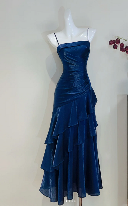 Sweet Spaghetti Strap Sheath Tulle Birthday Dresses, Navy Blue Formal Evening Dresses ED04212