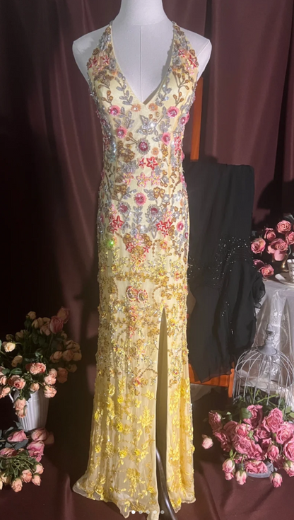 V-neck Sheath Chiffon Sequin Long Prom Dresses Yellow Backless Formal Evening Dresses HZ1024