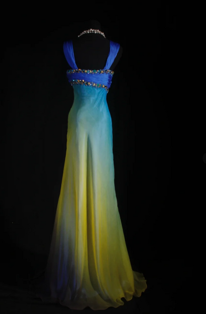 Vintage V-neck Sheath Tulle Long Prom Dresses Yellow /Blue Formal Evening Dresses ED04214