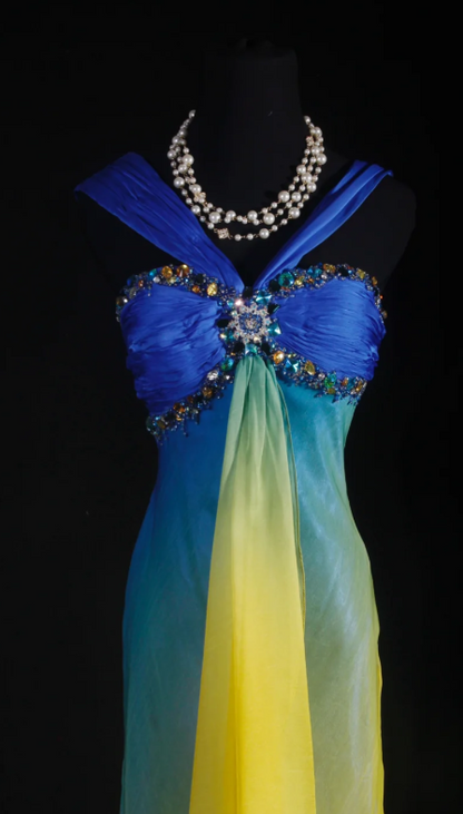 Vintage V-neck Sheath Tulle Long Prom Dresses Yellow /Blue Formal Evening Dresses ED04214