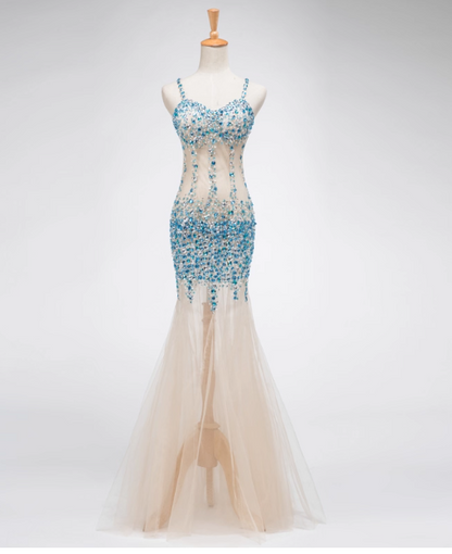 Vintage Spaghetti Strap Mermaid Tulle Beaded Long Prom Dresses, Backless Formal Evening Dresses ED04216