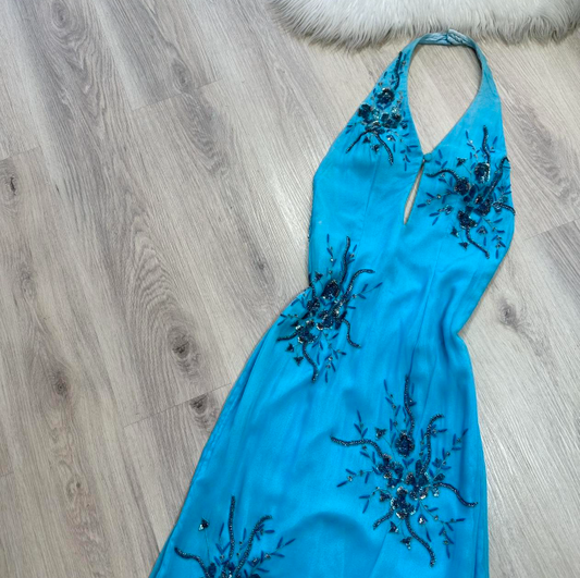 Vintage Halter Sheath Chiffon Beaded Long Prom Dresses, Blue Formal Evening Dresses ED04219