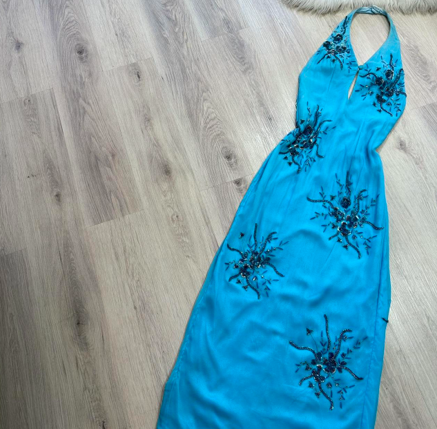 Vintage Halter Sheath Chiffon Beaded Long Prom Dresses, Blue Formal Evening Dresses ED04219
