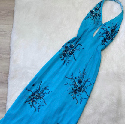 Vintage Halter Sheath Chiffon Beaded Long Prom Dresses, Blue Formal Evening Dresses ED04219