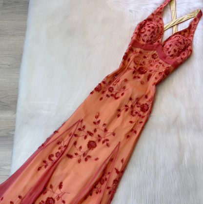 Vintage V-neck Sheath Chiffon Beaded Long Prom Dresses, Red Formal Evening Dresses ED04220