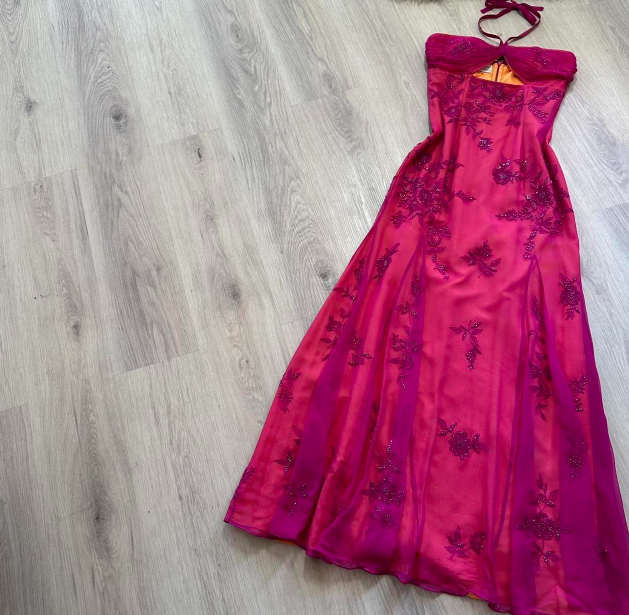Vintage Halter Sheath Chiffon Beaded Long Prom Dresses, Hot Pink Formal Evening Dresses ED04221