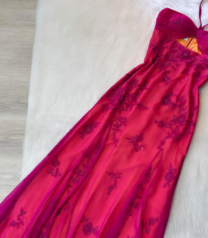 Vintage Halter Sheath Chiffon Beaded Long Prom Dresses, Hot Pink Formal Evening Dresses ED04221