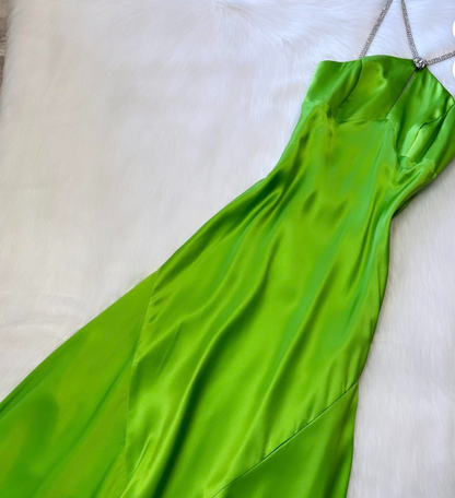 Elegant Halter Sheath Satin Long Prom Dresses , Backless Green Formal Evening Dresses ED04223