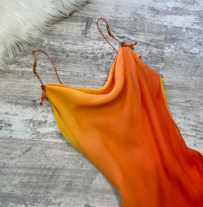 Elegant Spaghetti Strap Sheath Chiffon Long Prom Dresses, Gradient Orange Formal Evening Dresses ED04224