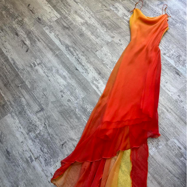 Elegant Spaghetti Strap Sheath Chiffon Long Prom Dresses, Gradient Orange Formal Evening Dresses ED04224