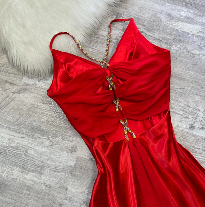 V-neck Sheath Satin Wedding Guest Dresses Red Formal Evening Dresses HZ1024