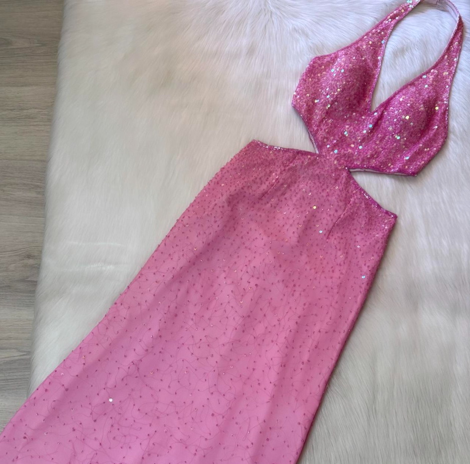 Glam Halter Sheath Beaded Sequin Wedding Guest Dresses Pink Formal Evening Dresses ED04227