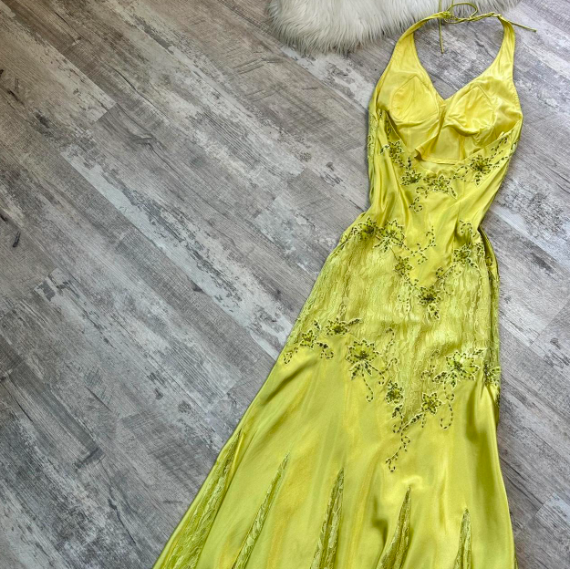 Halter Sheath Satin Lace Beaded Wedding Guest Dresses Yellow Formal Evening Dresses HZ1024