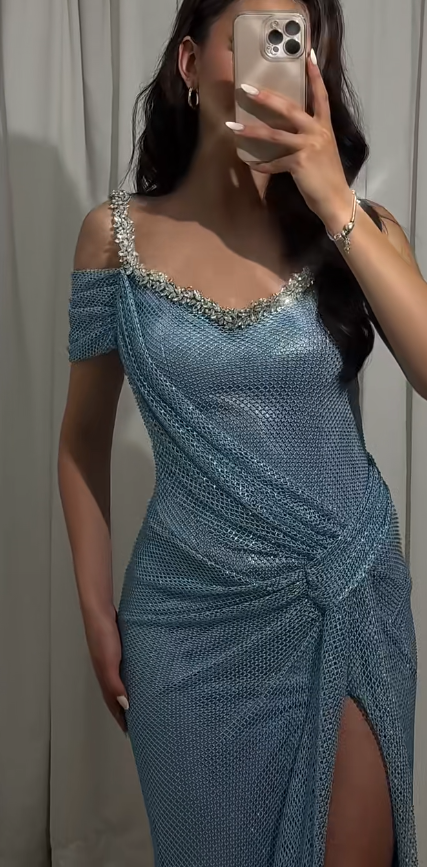 Sexy V-neck Sheath Mesh Slit Long Prom Dresses Gray Blue Formal Evening Dresses ED04229