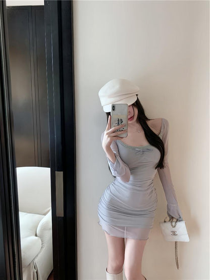 blue sexy hot girl style mesh long sleeves U-neck off-shoulder hip skirt HZ1024
