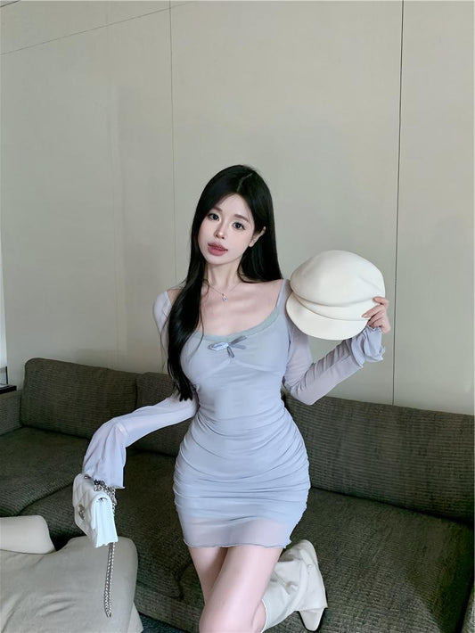 blue sexy hot girl style mesh long sleeves U-neck off-shoulder hip skirt HZ1024