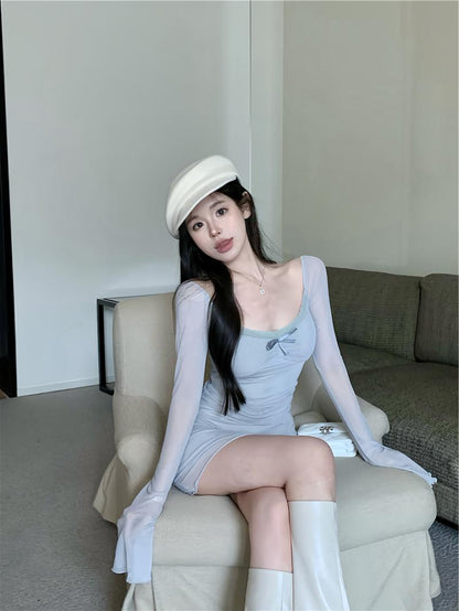 blue sexy hot girl style mesh long sleeves U-neck off-shoulder hip skirt HZ1024