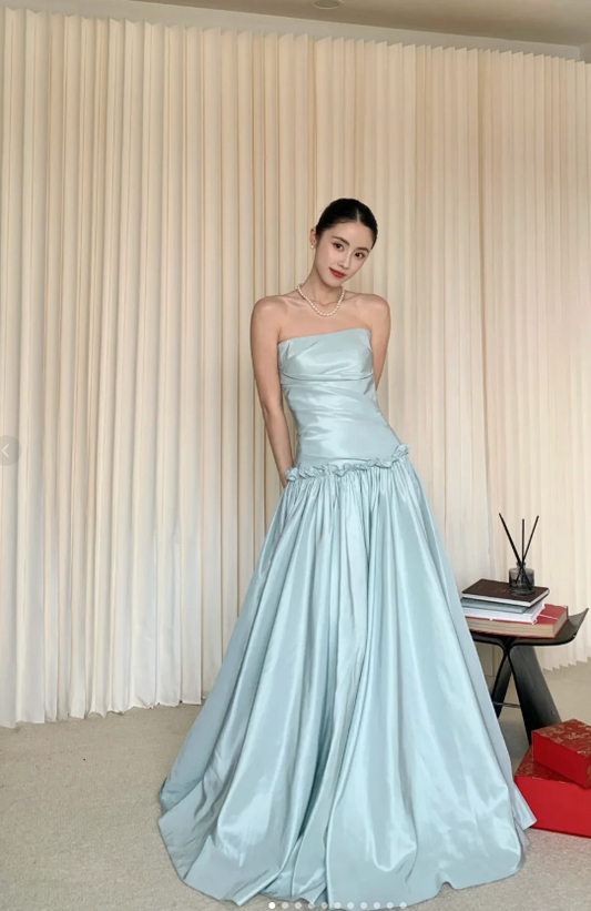 Sexy Strapless Sheath Satin Long Prom Dresses Tiffany Blue Formal Evening Dresses ED04230