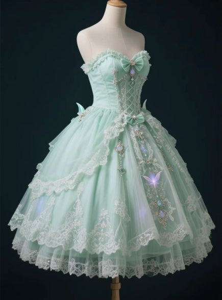 Strapless Ball Gown Lace Applique Short Birthday Dress Cute Green Lolita Dress HZ1024