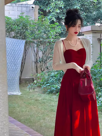 Kong style retro red velvet suspender dress HZ1024