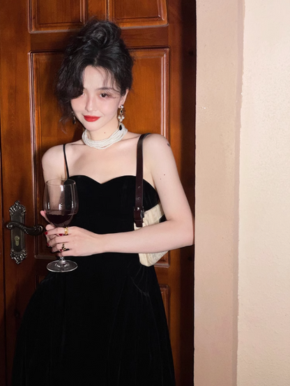 Kong style retro red velvet suspender dress HZ1024