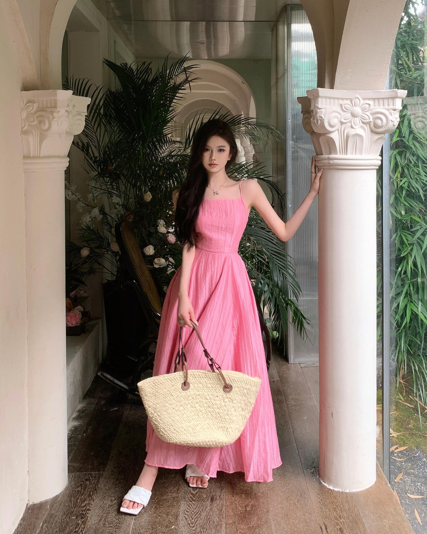 Beach holiday style a-line pink sleeveless backless suspender dress ED0424