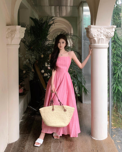 Beach holiday style a-line pink sleeveless backless suspender dress ED0424