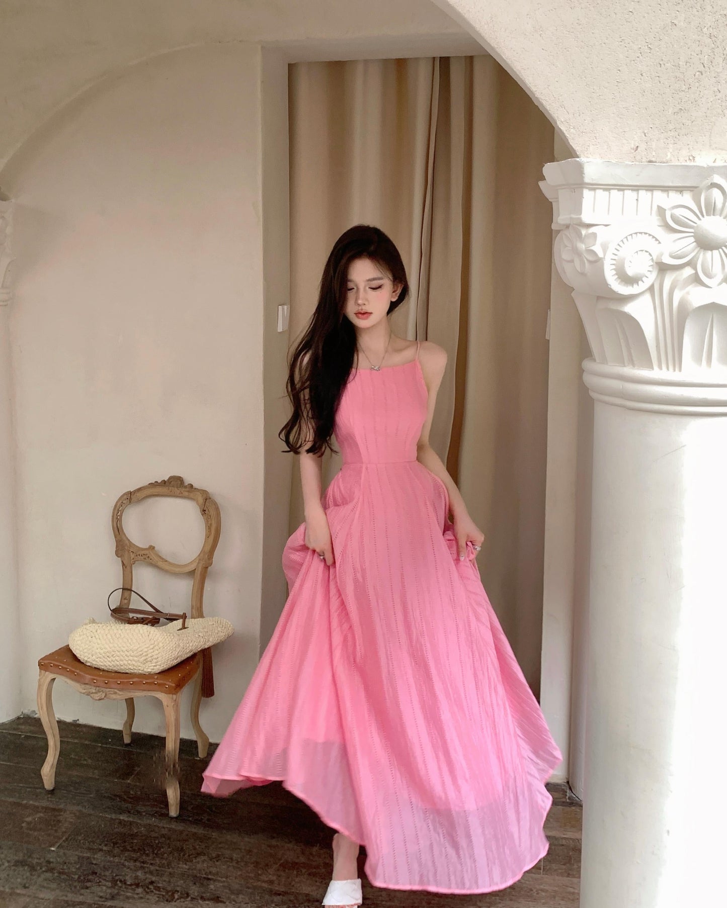 Beach holiday style a-line pink sleeveless backless suspender dress ED0424