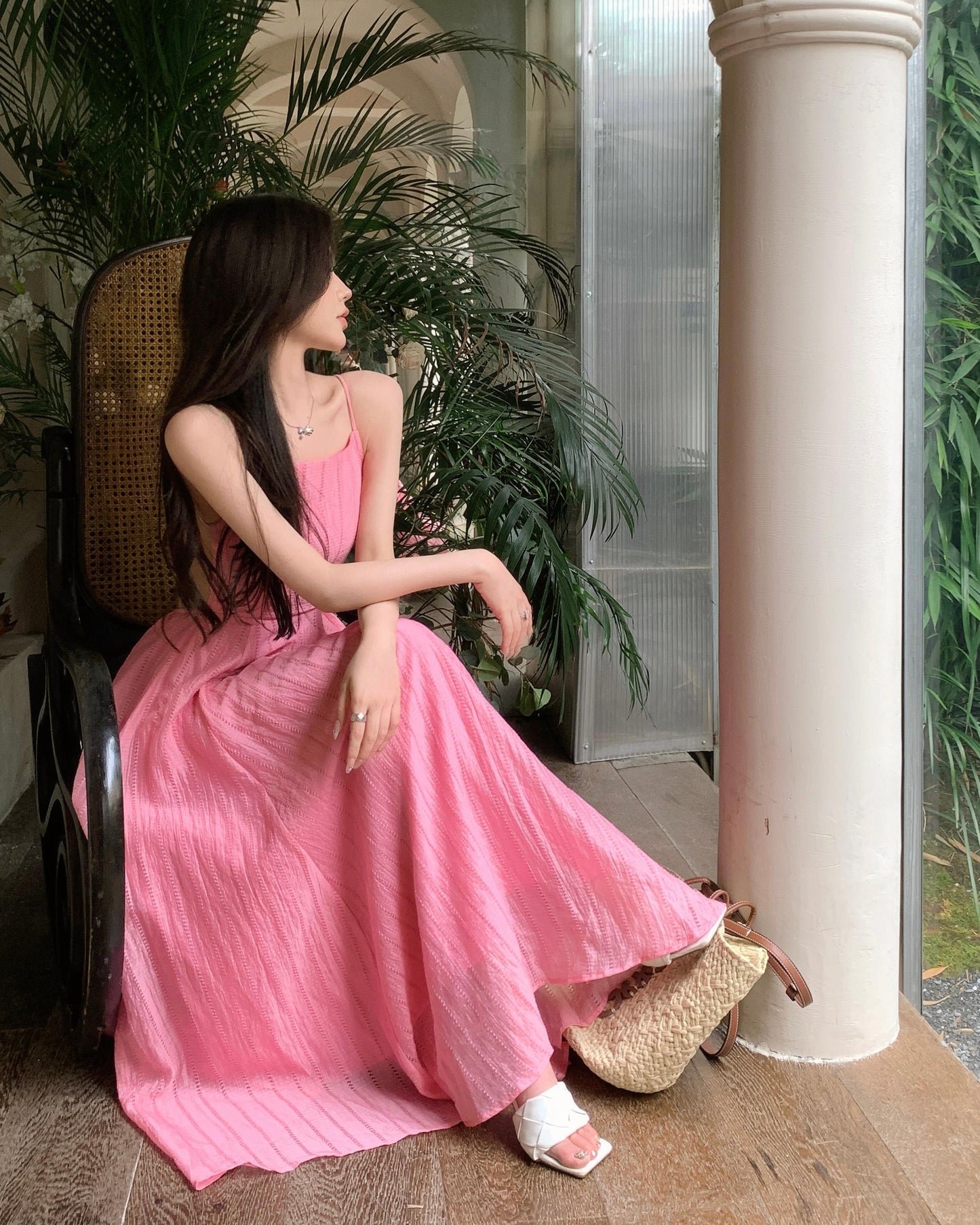 Beach holiday style a-line pink sleeveless backless suspender dress ED0424