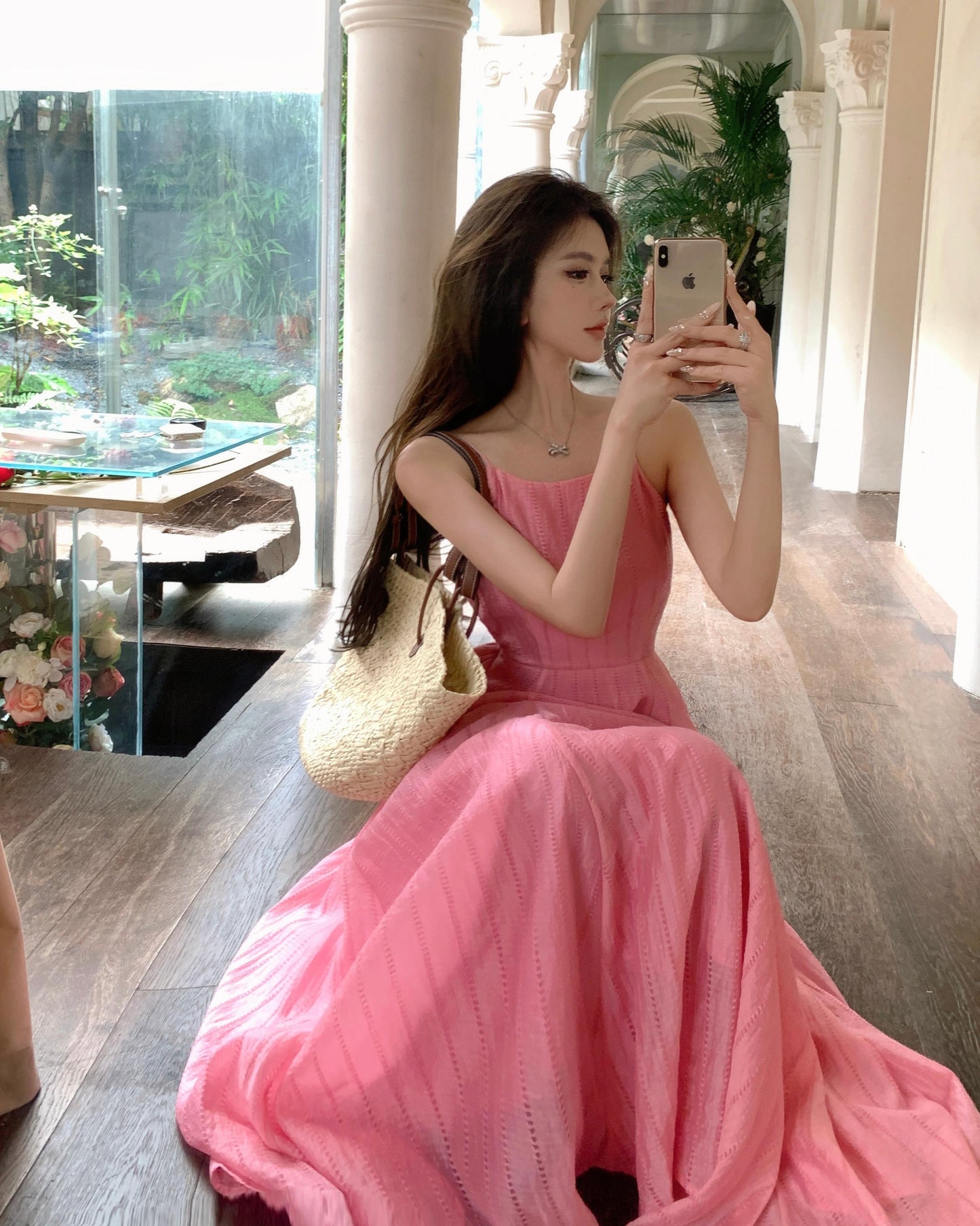 Beach holiday style a-line pink sleeveless backless suspender dress ED0424