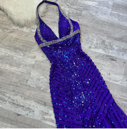 V-neck Memaid Chiffon beaded Long Prom Dresses, Blue Backless Formal Evening Dresses HZ1024