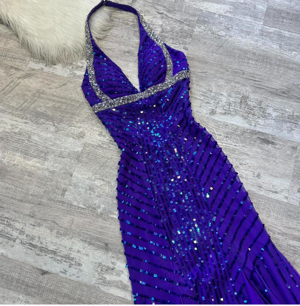 Vintage V-neck Memaid Chiffon beaded Long Prom Dresses, Blue Backless Formal Evening Dresses ED04259