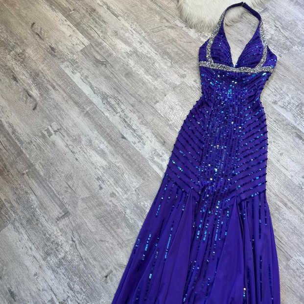 V-neck Memaid Chiffon beaded Long Prom Dresses, Blue Backless Formal Evening Dresses HZ1024