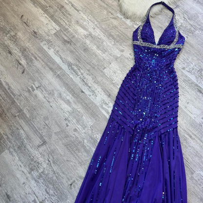 V-neck Memaid Chiffon beaded Long Prom Dresses, Blue Backless Formal Evening Dresses HZ1024