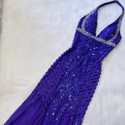 Vintage V-neck Memaid Chiffon beaded Long Prom Dresses, Blue Backless Formal Evening Dresses ED04259