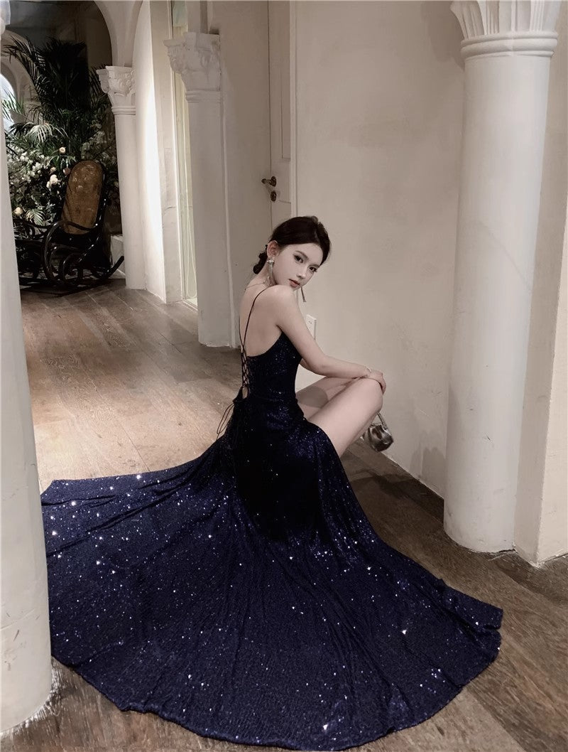 Blue Spaghetti Strap A-Line V-Neck Sequined Long Prom Dress, Adult Ceremony Graduation Evening dress HZ1024