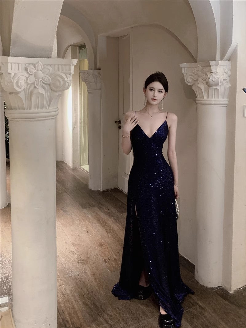 Blue Spaghetti Strap A-Line V-Neck Sequined Long Prom Dress, Adult Ceremony Graduation Evening dress HZ1024