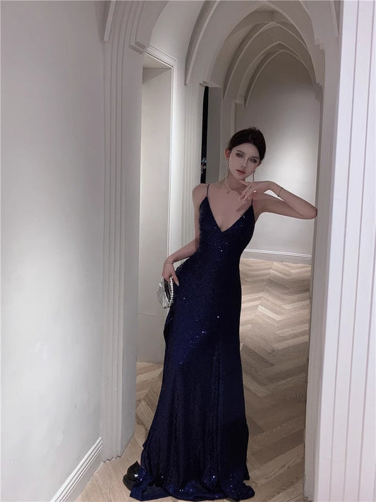 Blue Spaghetti Strap A-Line V-Neck Sequined Long Prom Dress, Adult Ceremony Graduation Evening dress HZ1024