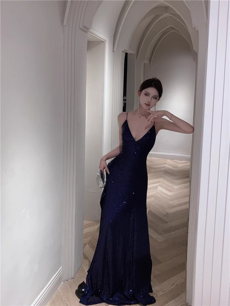 Navy Blue Spaghetti Strap A-Line  V-Neck Sequined Long Prom Dress, Adult Ceremony Graduation Evening dress ED0426