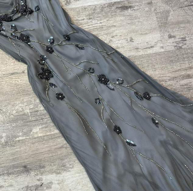 Spaghetti Strap Sheath Chiffon Beaded Long Prom Dresses, Dark Gray Formal Evening Dresses HZ1024