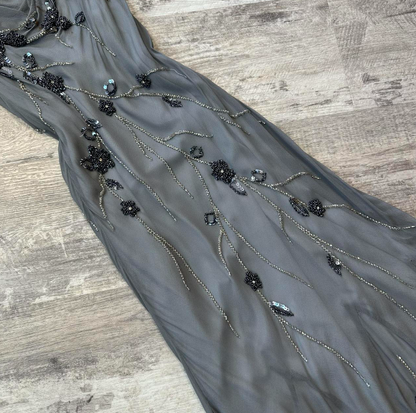 Vintage Spaghetti Strap Sheath Chiffon Beaded Long Prom Dresses, Dark Gray Formal Evening Dresses ED04260