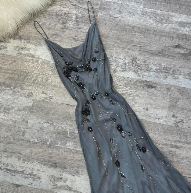 Spaghetti Strap Sheath Chiffon Beaded Long Prom Dresses, Dark Gray Formal Evening Dresses HZ1024