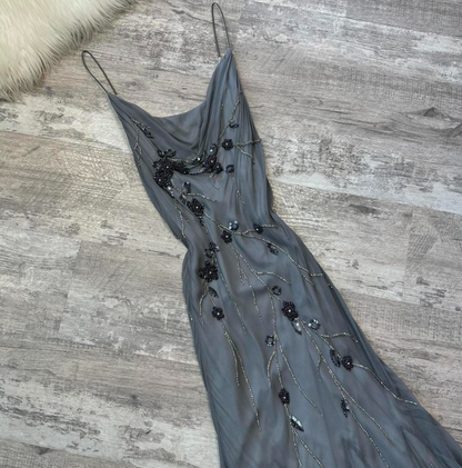 Spaghetti Strap Sheath Chiffon Beaded Long Prom Dresses, Dark Gray Formal Evening Dresses HZ1024