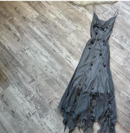 Spaghetti Strap Sheath Chiffon Beaded Long Prom Dresses, Dark Gray Formal Evening Dresses HZ1024