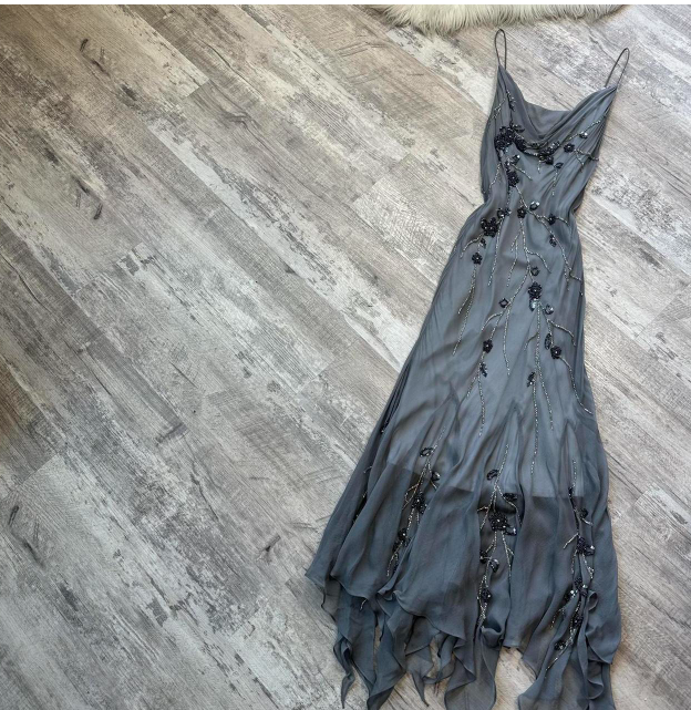 Vintage Spaghetti Strap Sheath Chiffon Beaded Long Prom Dresses, Dark Gray Formal Evening Dresses ED04260