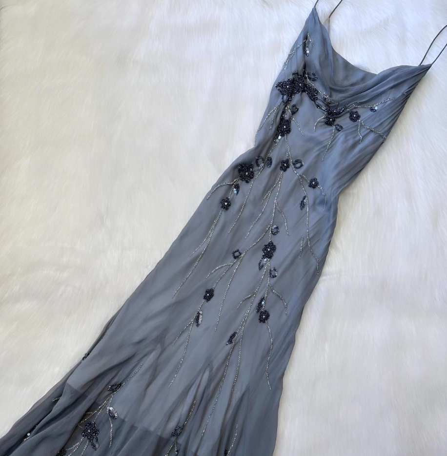 Spaghetti Strap Sheath Chiffon Beaded Long Prom Dresses, Dark Gray Formal Evening Dresses HZ1024