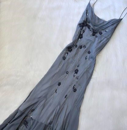 Vintage Spaghetti Strap Sheath Chiffon Beaded Long Prom Dresses, Dark Gray Formal Evening Dresses ED04260