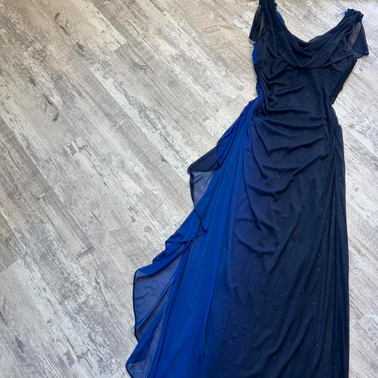 Vintage V neck Sheath Chiffon Long Prom Dresses, Gradient Blue Formal Evening Dresses ED04261